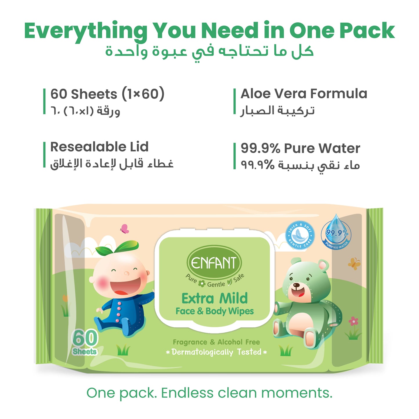 ENFANT Organic Plus Extra Mild Baby Wipes – 99% Pure Water & Plant-Based Face & Body Wipes (Fragrance-Free)