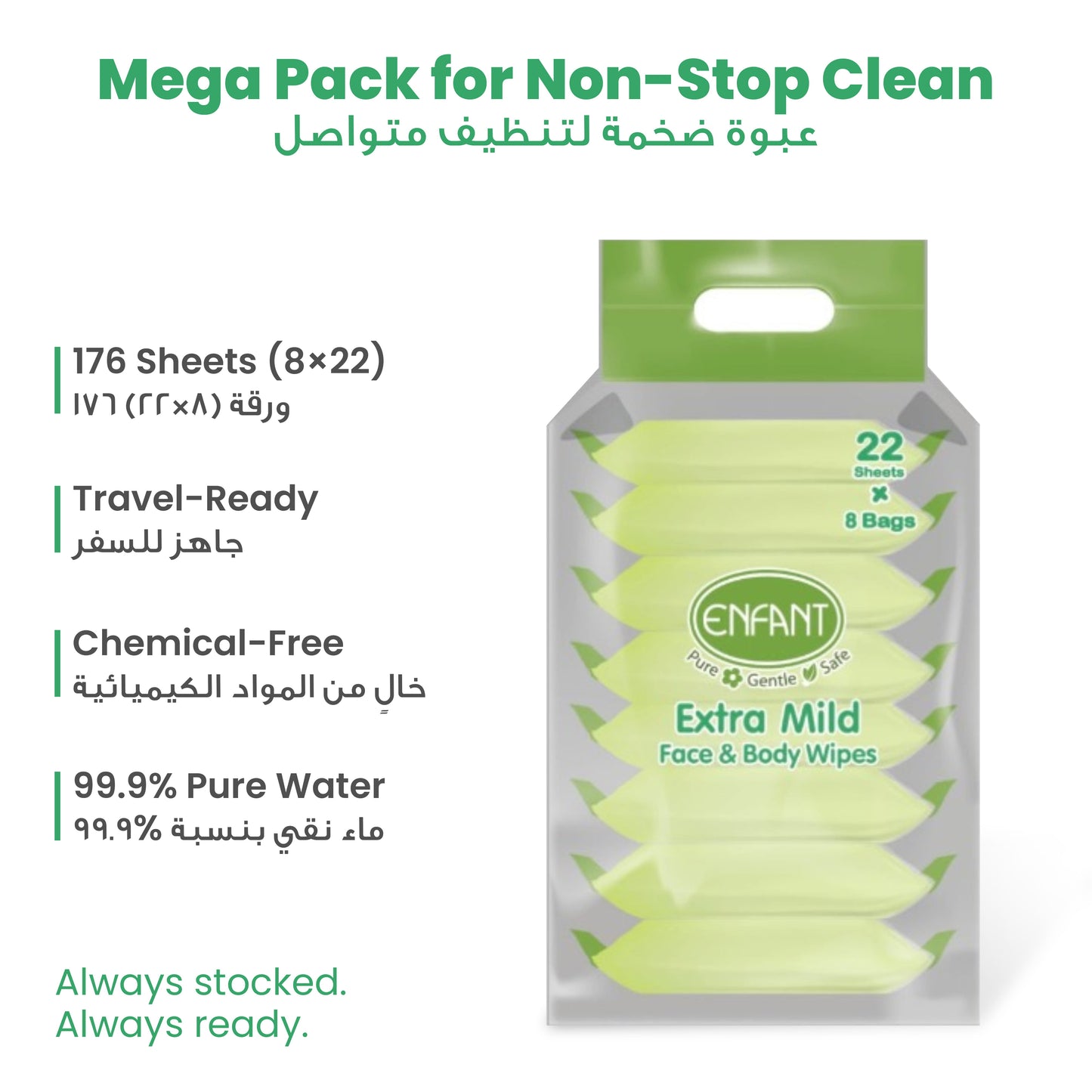 ENFANT Organic Plus Extra Mild Baby Wipes – 99% Pure Water & Plant-Based Face & Body Wipes (Fragrance-Free)