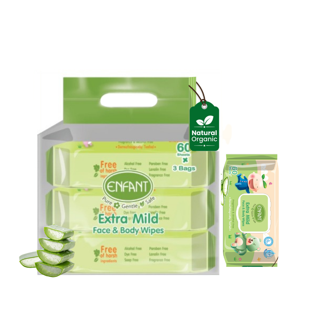 ENFANT Organic Plus Extra Mild Baby Wipes – 99% Pure Water & Plant-Based Face & Body Wipes (Fragrance-Free)